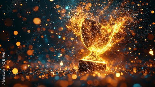 A digital trophy emanating bright, fiery sparks and particles, creating a mesmerizing burst of light and energy in a digitally rendered scene. photo