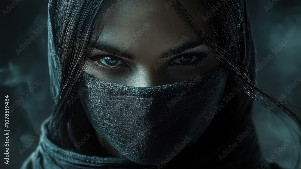 Deadly mysterious ninja woman with a face covering character background wallpaper AI generated image Deadly mysterious ninja woman with a face covering character background wallpaper AI generated image