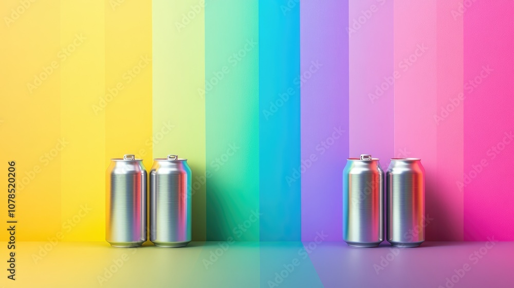 Fototapeta premium A modern, bold banner featuring three aluminum cans in front of a rainbow gradient, symbolizing equality and diversity, with room for message