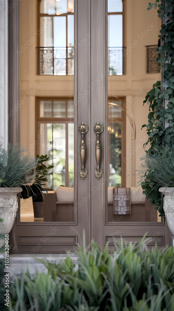 Elegant entrance doors with brass handles, framed by lush greenery, leading to a stylish interior with large windows. Elegant entrance doors with brass handles, framed by lush greenery, leading to a stylish interior with large windows.