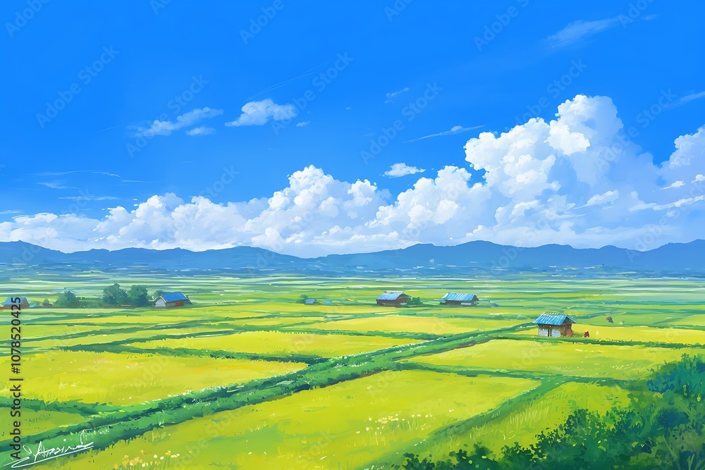 A Vibrant Summer Landscape with Houses and Rolling Hills A Vibrant Summer Landscape with Houses and Rolling Hills