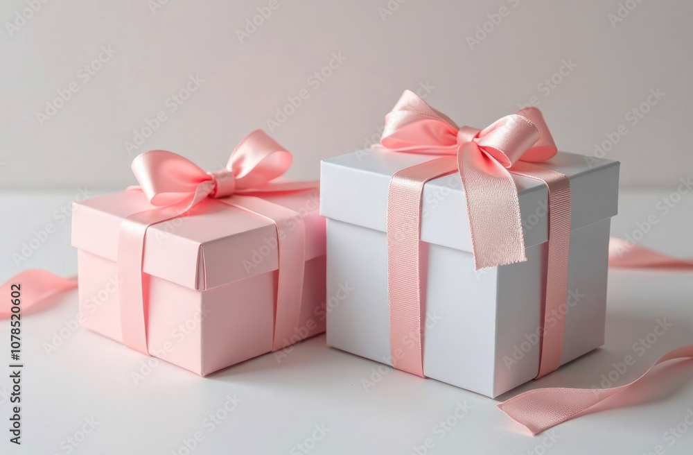 Two beautifully wrapped gift boxes in pastel colors resting on a simple, uncluttered surface, ready for giving. Two beautifully wrapped gift boxes in pastel colors resting on a simple, uncluttered surface, ready for giving.