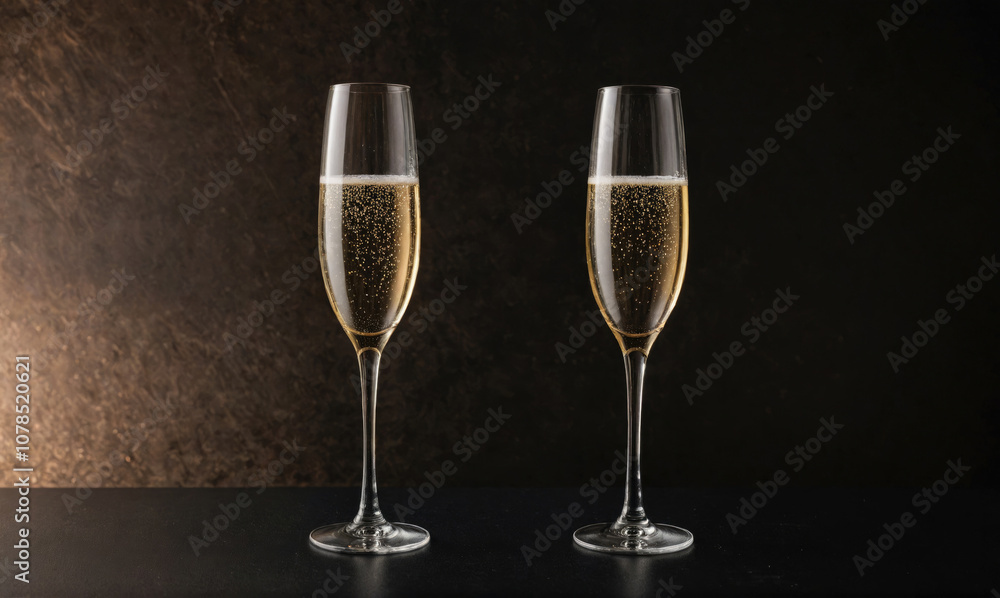 Two champagne flutes filled with sparkling wine are placed on a dark surface Two champagne flutes filled with sparkling wine are placed on a dark surface