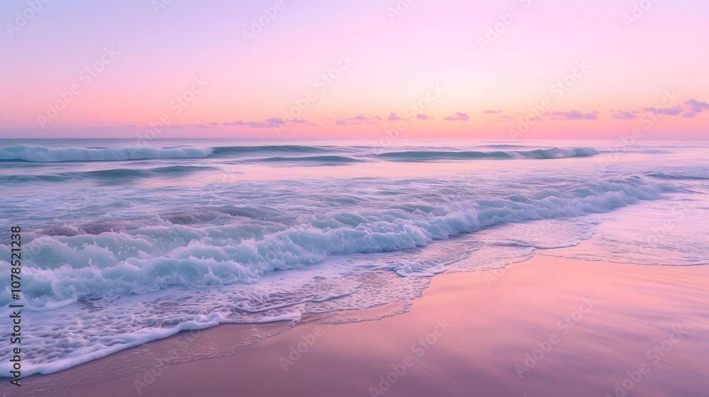 Fototapeta premium Soft waves crashing onto a deserted beach soaked in pastel sunrise AI generated illustration