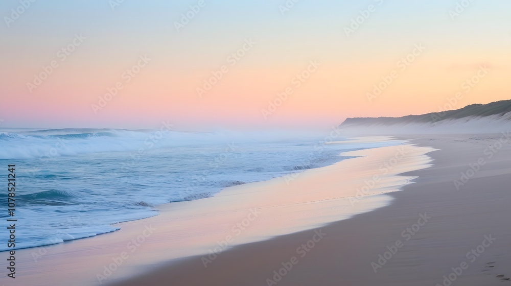 Soft waves crashing onto a deserted beach soaked in pastel sunrise AI generated illustration Soft waves crashing onto a deserted beach soaked in pastel sunrise AI generated illustration