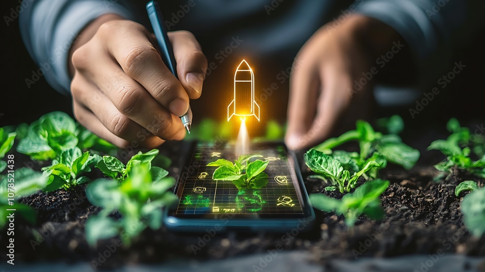 Businessman drawing a rocket icon with glowing light, Rocket business glowing Businessman drawing a rocket icon with glowing light, Rocket business glowing