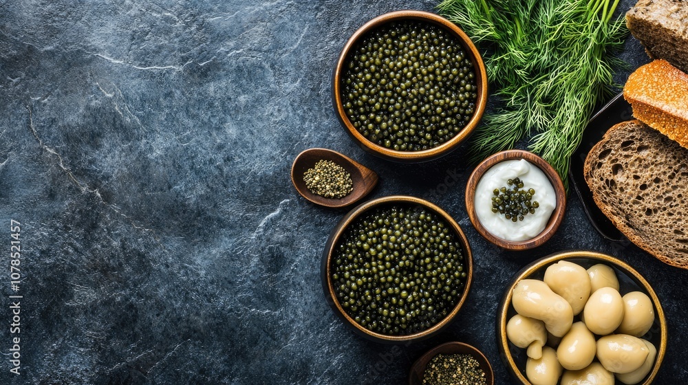 Fresh Green Caviar, Creamy Dip, and Artisan Bread on a Rustic Surface with Herbs and Spices for a Delicious Gourmet Experience Fresh Green Caviar, Creamy Dip, and Artisan Bread on a Rustic Surface with Herbs and Spices for a Delicious Gourmet Experience