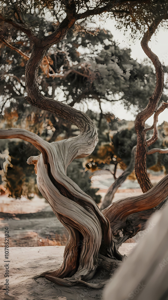 Obraz premium Twisting ancient tree with textured bark in a serene outdoor setting, showcasing nature's beauty and intricate details.