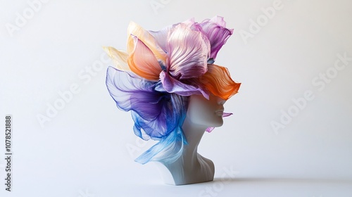 Floral Fantasy Portrait: A woman adorned with a vibrant, colorful headpiece. This captivating artwork blends fashion, sculpture, and surrealism, creating a dreamlike and artistic masterpiece.