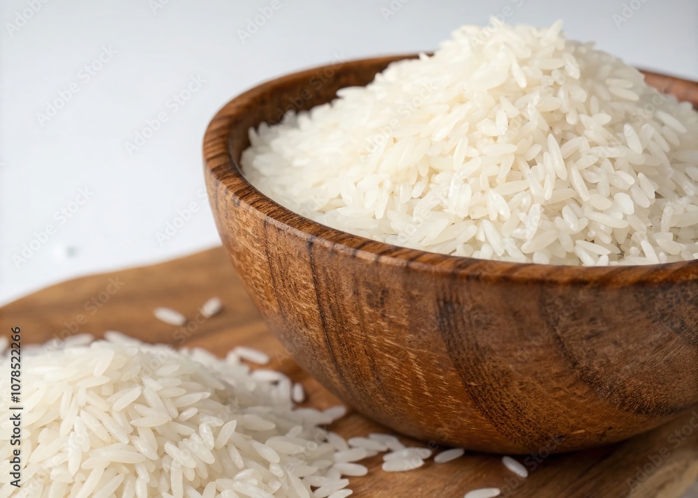 Fresh White Rice in a Rustic Wooden Bowl Isolated on a Clean Background with Ample Copy Space for Food Related Designs and Culinary Projects Fresh White Rice in a Rustic Wooden Bowl Isolated on a Clean Background with Ample Copy Space for Food Related Designs and Culinary Projects