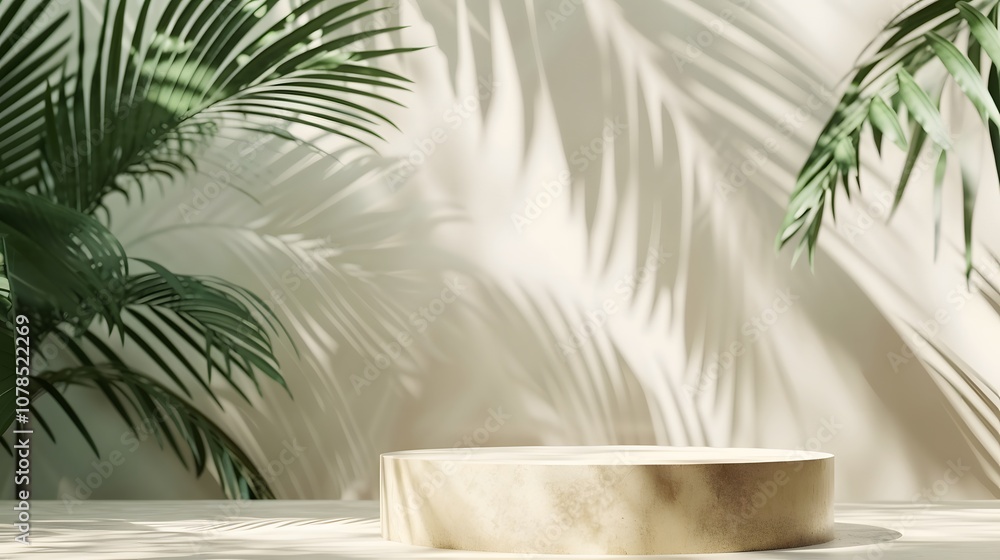Sophisticated abstract background with a premium podium for showcasing cosmetics under the shadow of a tropical palm leaves AI generated illustration Sophisticated abstract background with a premium podium for showcasing cosmetics under the shadow of a tropical palm leaves AI generated illustration