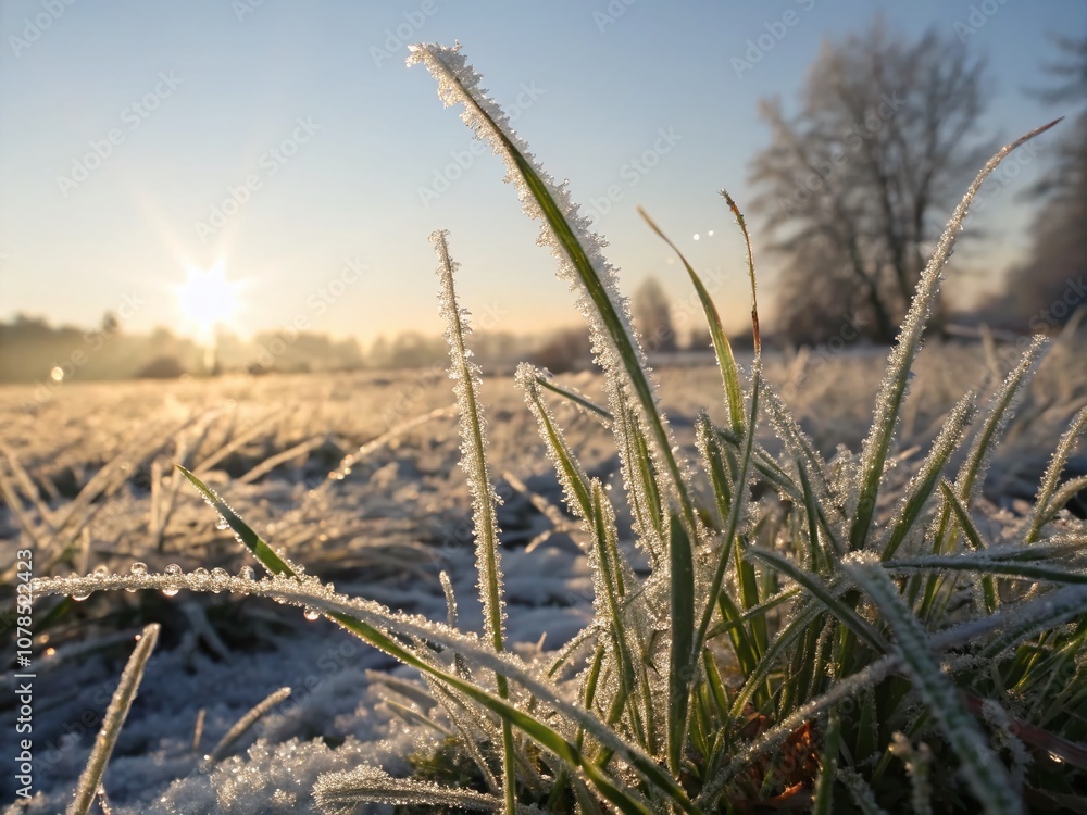 Fototapeta premium Frost-Covered Grass Blades Glimmering Under Sunlight - A Captivating Silhouette Photography of Winter Morning Beauty and Nature's Sparkling Details
