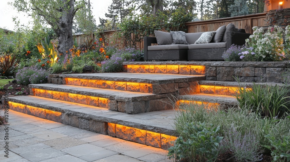A serene outdoor space with illuminated stone steps and cozy seating among lush plants. A serene outdoor space with illuminated stone steps and cozy seating among lush plants.