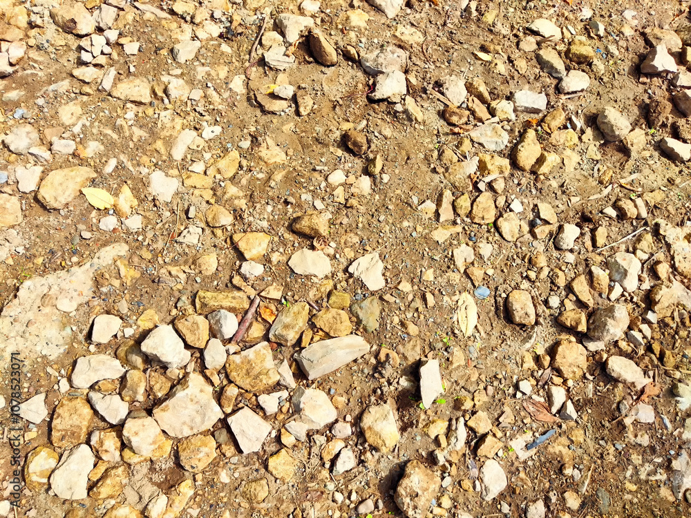 Rocky ground with mixed small stones under bright sunlight in a dry outdoor area Rocky ground with mixed small stones under bright sunlight in a dry outdoor area