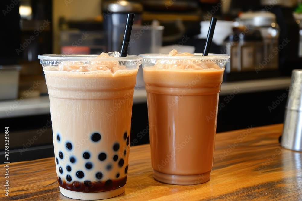 Two glasses of iced tea on table. One glass contains boba pearls, perfect for showcasing the variety of tea drinks. Two glasses of iced tea on table. One glass contains boba pearls, perfect for showcasing the variety of tea drinks.