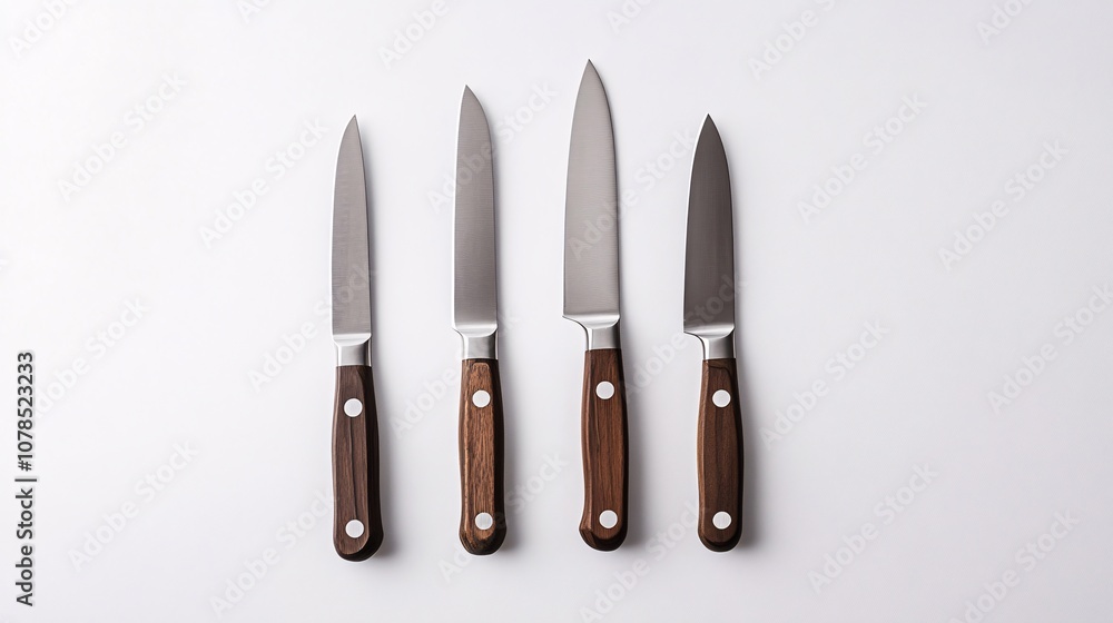 Sharp Culinary Precision: A Set of Four Gleaming Steel Knives with Elegant Wooden Handles, Ready for Kitchen Mastery Sharp Culinary Precision: A Set of Four Gleaming Steel Knives with Elegant Wooden Handles, Ready for Kitchen Mastery