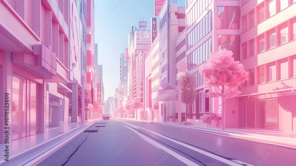 Fototapeta premium Street view of a pastel business district in a cinematic AI generated illustration