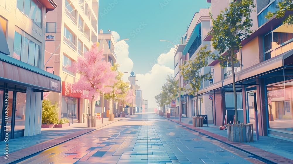Street view of a pastel business district in a cinematic AI generated illustration Street view of a pastel business district in a cinematic AI generated illustration