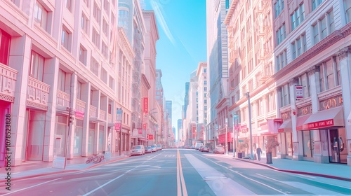 Street view of a pastel business district in a cinematic AI generated illustration