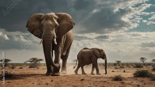 Adult and Baby Elephant Walking Through a Savanna Landscape