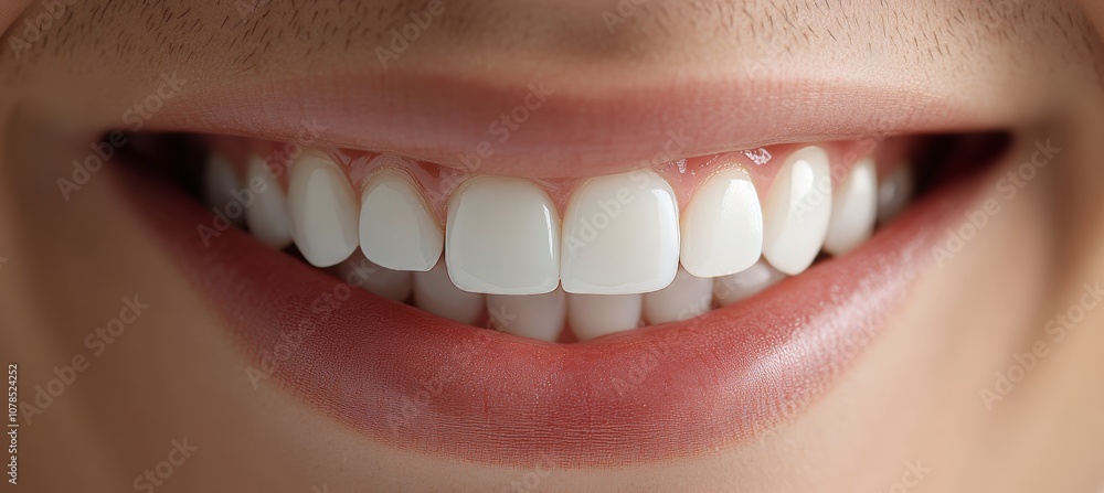 Fototapeta premium Close-up of a young woman with perfect white teeth smiling. Dental care and whitening concept