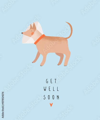 Dog Cone Card. Get Well Wishes Card. Get Well Soon. Funny Hand Drawn Card With Cute Dog Wearing A Cone. Puppy In A Elizabethan Collar. Blue Card with Doggy In A Buster Collar and Recovery Wishes. 