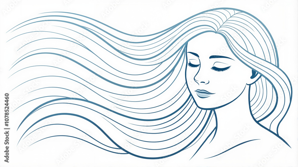 Woman with flowing hair in a serene line art style.
Woman with flowing hair in a serene line art style.