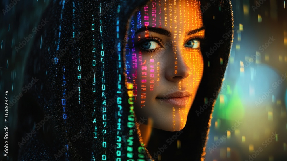 Woman Mysterious hacker wearing a hood with rainbow binary data effect background wallpaper AI generated image Woman Mysterious hacker wearing a hood with rainbow binary data effect background wallpaper AI generated image