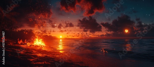 A fiery sunset casts an orange glow over the ocean and beach with clouds and stars in the sky.