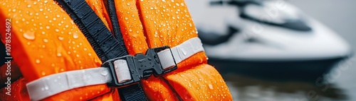 Close-up of a bright orange life jacket covered in water droplets with a blurred jet ski in the background, symbolizing water safety and adventure.