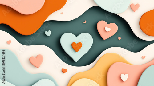 Abstract layered background with heart shapes in pastel and vibrant colors, featuring a seamless flowing design with contrasting blues, oranges, and pinks on a wavy patterned surface.