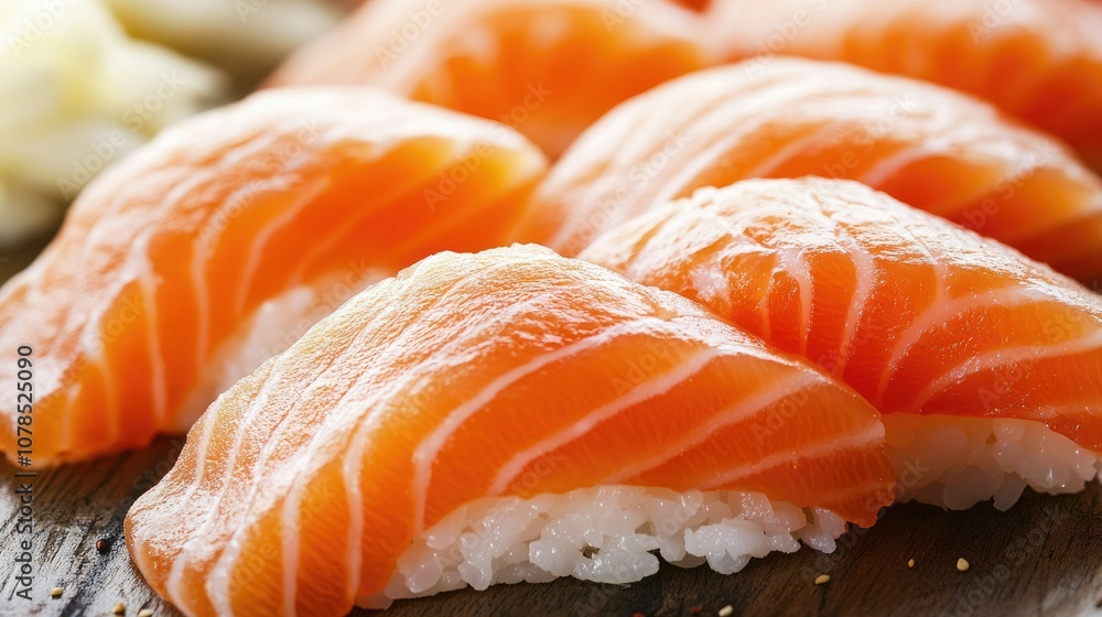 Close-up shot of fresh salmon sushi nigiri with shiny, pink fish perfectly placed on sticky white rice, showcasing the delicate texture and vibrant color of the sushi Close-up shot of fresh salmon sushi nigiri with shiny, pink fish perfectly placed on sticky white rice, showcasing the delicate texture and vibrant color of the sushi