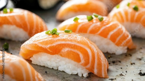 Close-up of salmon sushi nigiri with glistening pink fish and white rice, ideal for showcasing premium sushi ingredients in culinary visuals