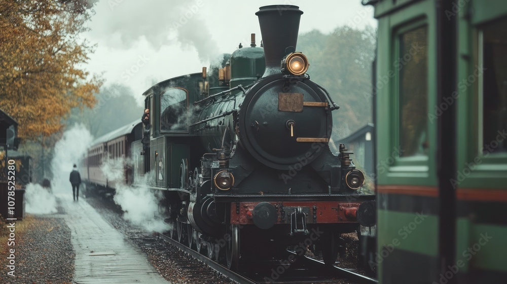 Fototapeta premium Vintage locomotive retro old steam train transportation concept with old pictures background wallpaper AI generated image