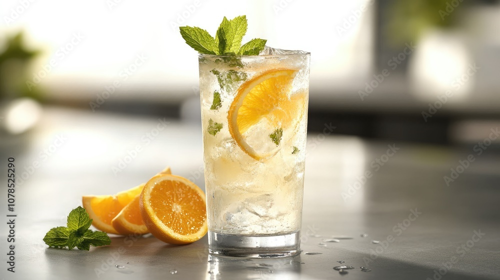 Cool and refreshing lemonade drink with ice, mint, and orange slices on a gray table with a soft background, ideal for summer promotional imagery Cool and refreshing lemonade drink with ice, mint, and orange slices on a gray table with a soft background, ideal for summer promotional imagery