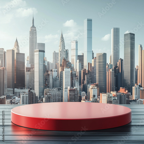 A circular stage made of stone or hard material is placed on a high ground amidst a city view full of tall buildings, which looks like a large city with modern architecture. photo