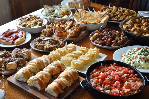 Many different dishes laid out on a table. This photo is a great image for articles about food, cooking, and social events.