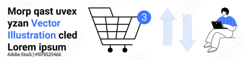 Shopping cart icon with three items, user working on a laptop, blue up and down arrows indicating navigation, lorem ipsum text. Ideal for e-commerce, online shopping, digital marketing, user