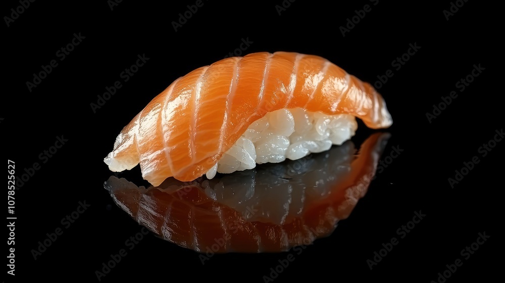 Elegant salmon nigiri sushi with glossy, fresh pink fish on sticky rice, styled for a high-end Japanese cuisine concept Elegant salmon nigiri sushi with glossy, fresh pink fish on sticky rice, styled for a high-end Japanese cuisine concept