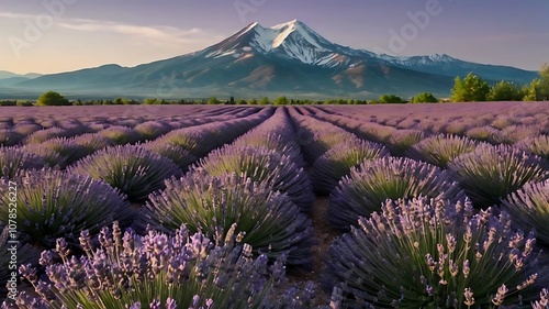 A field of lavender blooms with a snow-capped mountain in the distance