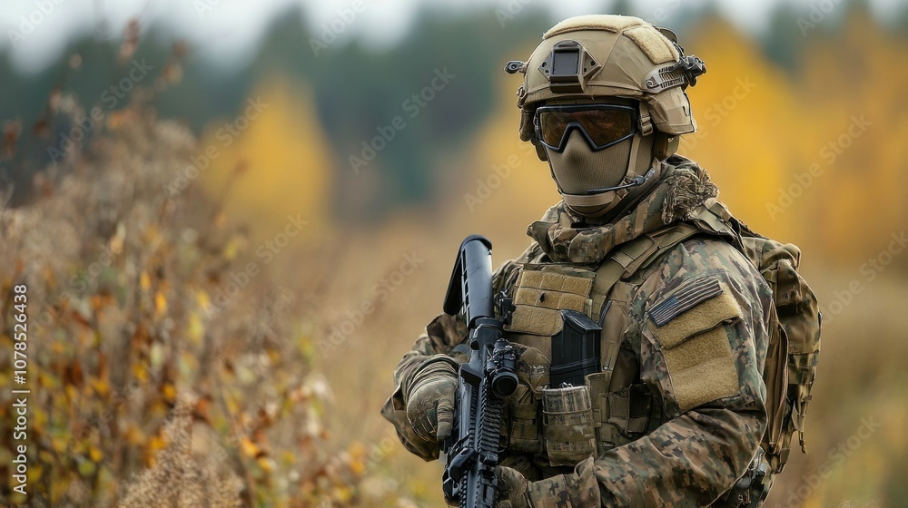 Fototapeta premium Special forces soldier full gear helmets and mask modern technology background wallpaper AI generated image