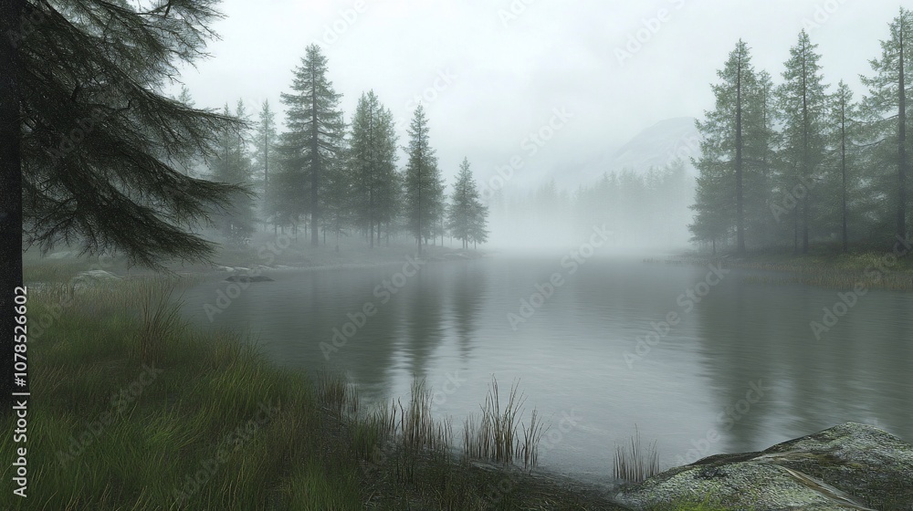 Misty lake in a forest with tall pine trees and mountains in the background. Misty lake in a forest with tall pine trees and mountains in the background.