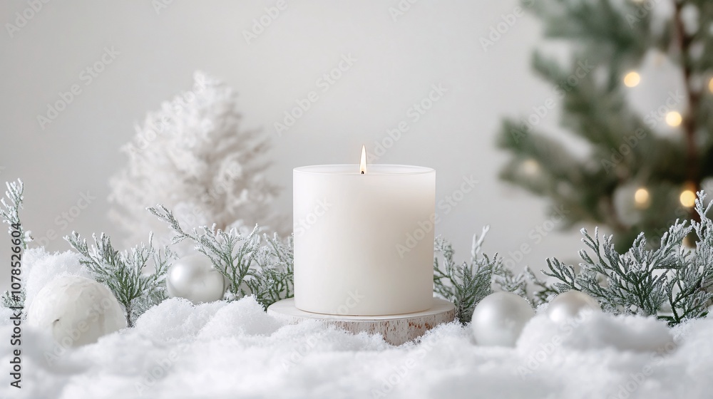 A white candle glows amidst snowy branches, ornaments, and a miniature tree, evoking a sense of winter serenity and festive warmth. Perfect for Christmas or winter holiday projects. A white candle glows amidst snowy branches, ornaments, and a miniature tree, evoking a sense of winter serenity and festive warmth. Perfect for Christmas or winter holiday projects.