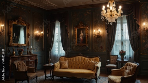 A vintage living room with ornate furniture, a crystal chandelier, and a painting on the wall.