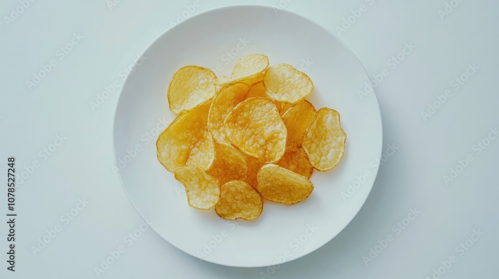 Round, crispy potato chips served on a white plate, highlighting their golden texture and perfect shape, ideal for snack product photos Round, crispy potato chips served on a white plate, highlighting their golden texture and perfect shape, ideal for snack product photos