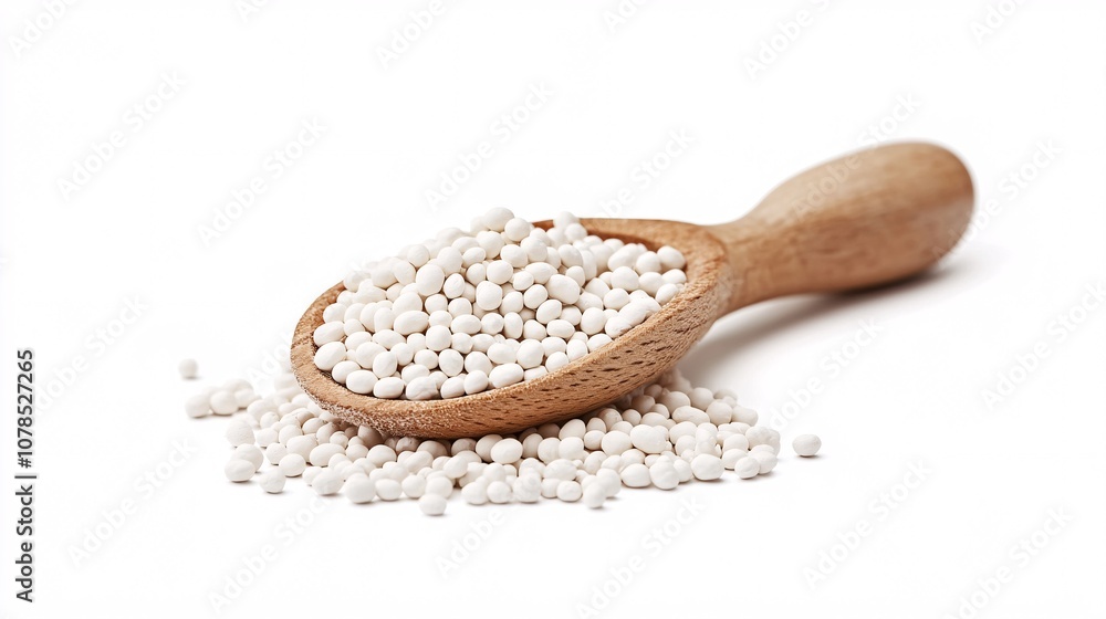 Tiny White Pearls: A Close-Up of Tapioca Pearls in a Wooden Spoon on White Background Tiny White Pearls: A Close-Up of Tapioca Pearls in a Wooden Spoon on White Background