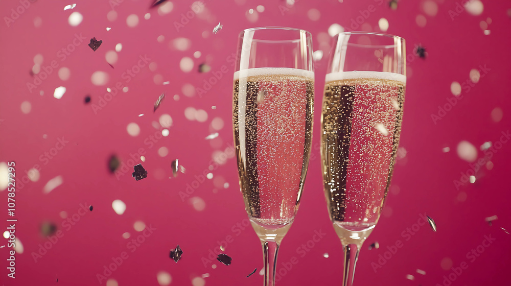Two champagne flutes with glitter confetti Two champagne flutes with glitter confetti