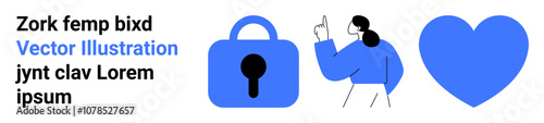 Blue lock, pointing character, and heart symbol against white. Ideal for security, love, relationships, safety, protection, digital content, and awareness themes. Banner for landing page