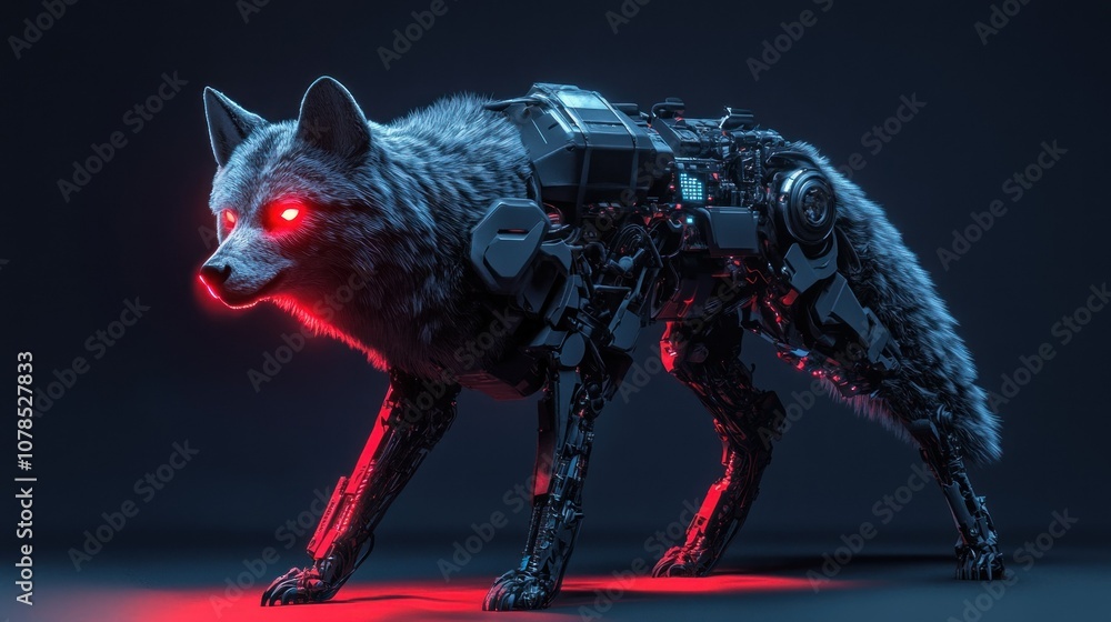 Cyberpunk cyborg wolf animal character red eyes horror background wallpaper AI generated image Cyberpunk cyborg wolf animal character red eyes horror background wallpaper AI generated image