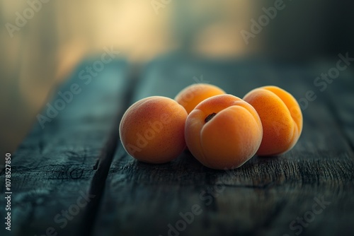 apricots on a dark wooden table, shot from a low angle with soft lighting.... photo